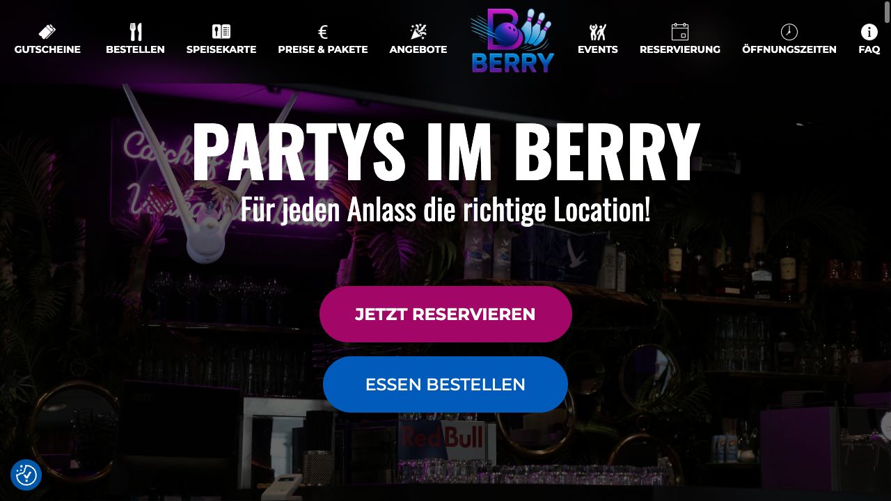 Öffentliche Berry-Bowling-Website mit Freizeitangeboten, Reservierung und Essensbestellung.
