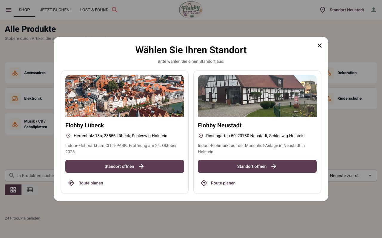 Standortauswahl im Flohby-Portal mit Neustadt und dem für den 24. Oktober 2026 angekündigten Standort Lübeck.