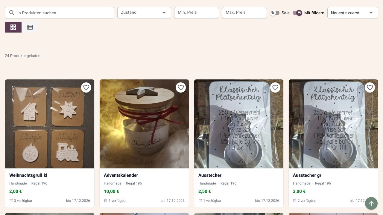 Artikelübersicht im Flohby-Portal mit Such- und Preisfiltern sowie Produktkarten mit Bild, Preis, Regalnummer und Verfügbarkeit.